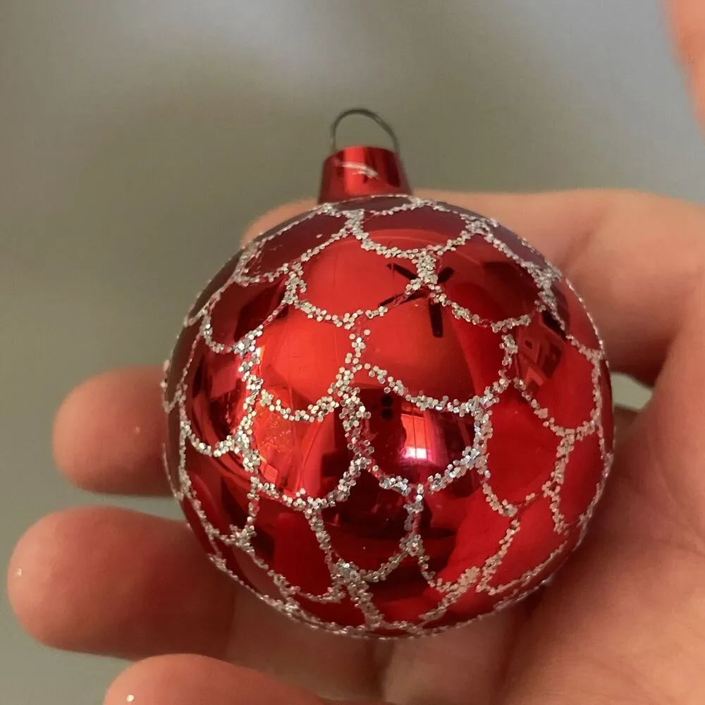 Vintage Hand Painted Blown Glass Red Ball Scalloped Glitter Christmas Ornament